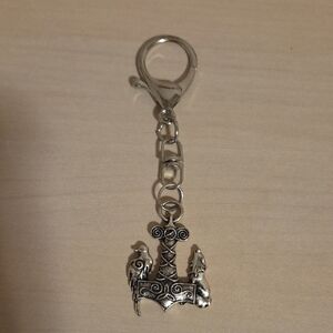 Metallic Silver-Toned Keychain with Viking Hammer, Raven, and Wolf